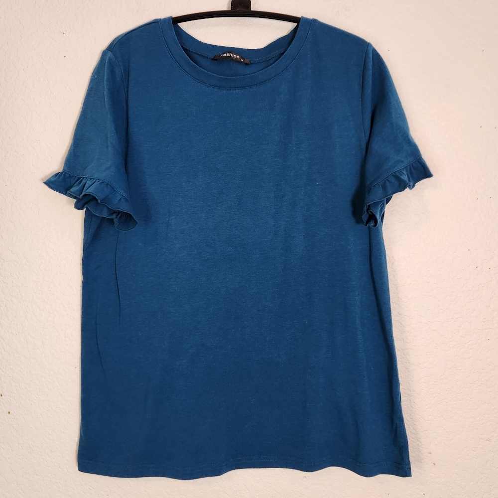 Fashion Blue Ruffle Sleeve Women's Top, Size‎ M
